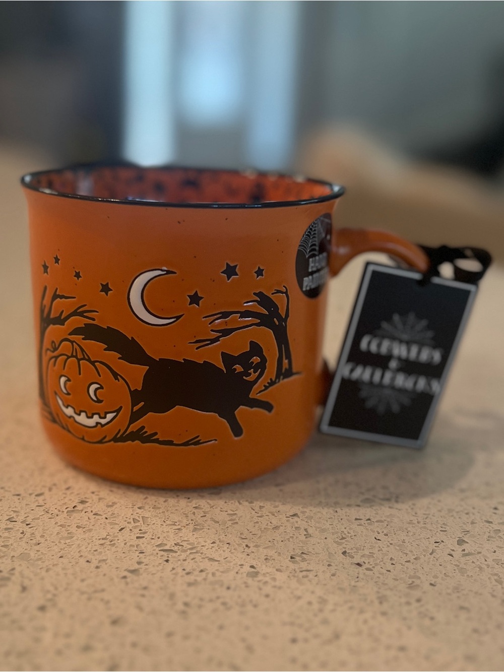 Halloween Orange Enamel Mug with Black Cat & Pumpkin - Cursive Accents